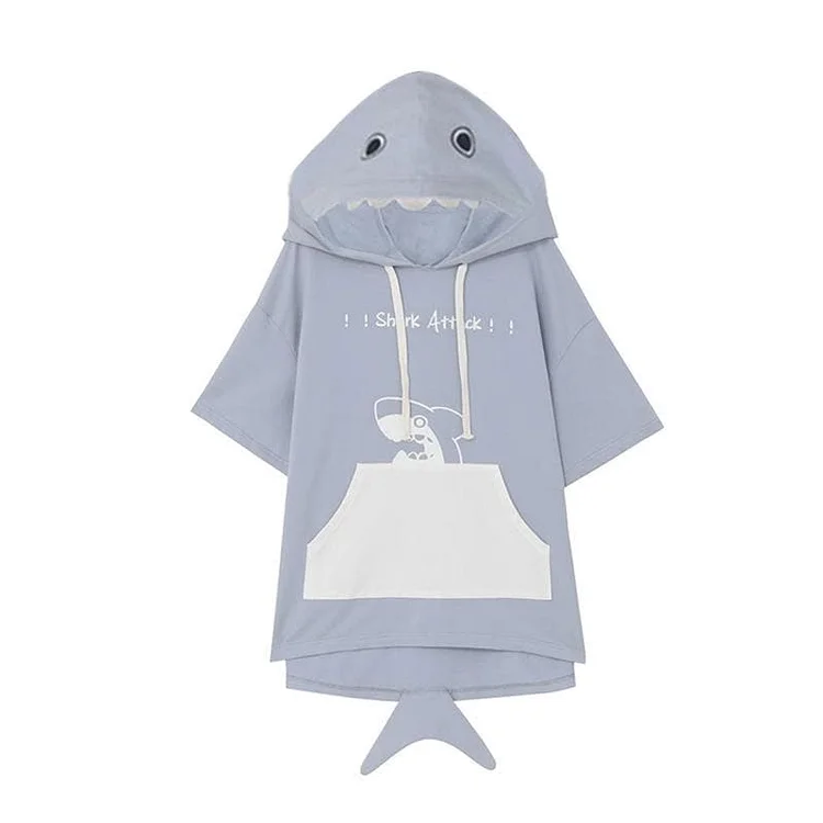 Light Blue Shark Print Sweet Cute Girl Hooded T-Shirt SS1129