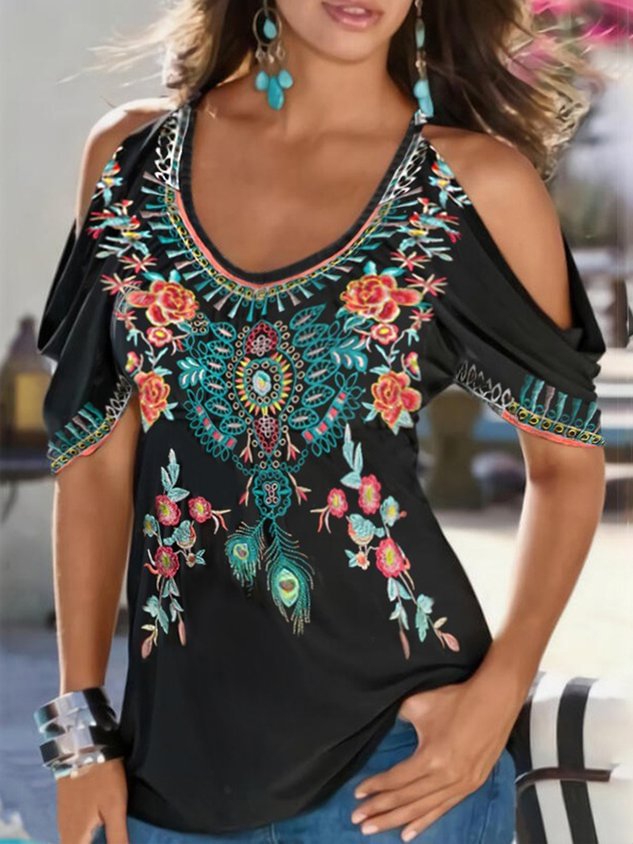 Boho Printed V Neck Off Shoulder Cold Shoulder Cotton Blend Short Sleeve Tops