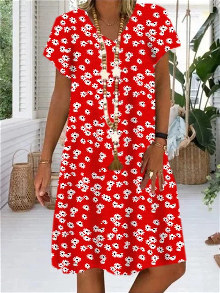 Cotton Linen Women Dress Casual Plus Size Dress Floral Printed V-neck Short Sleeve Dress