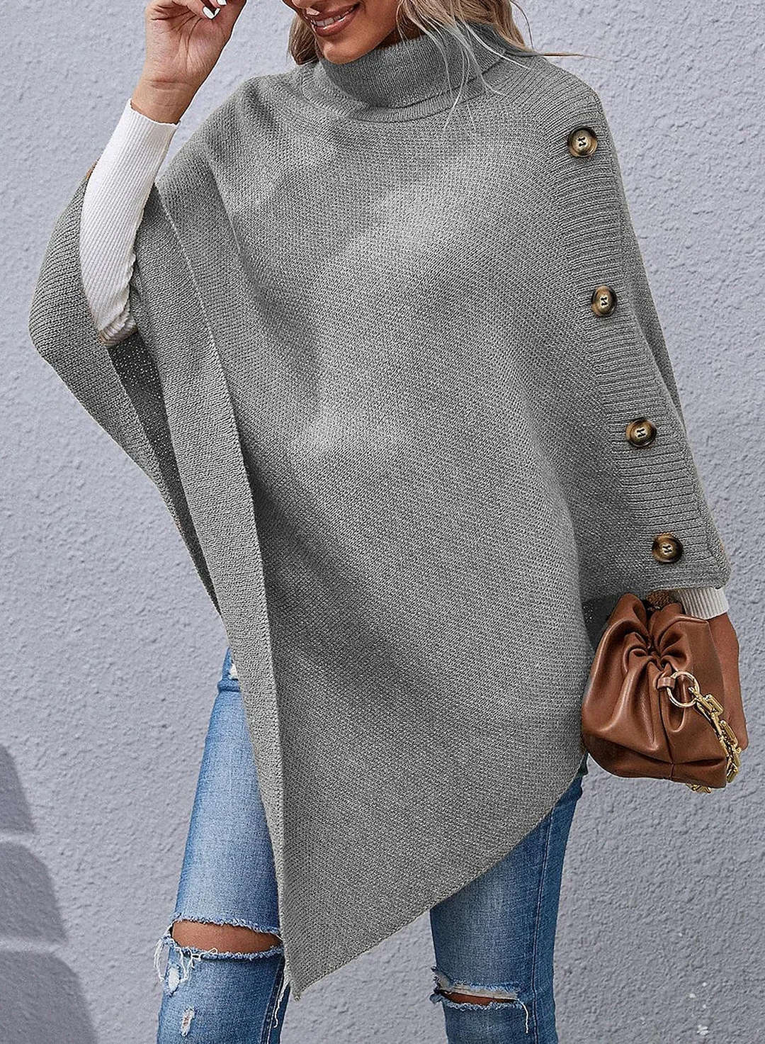 Autumn And Winter Button High-neck Irregular Sweater Shawl Cloak