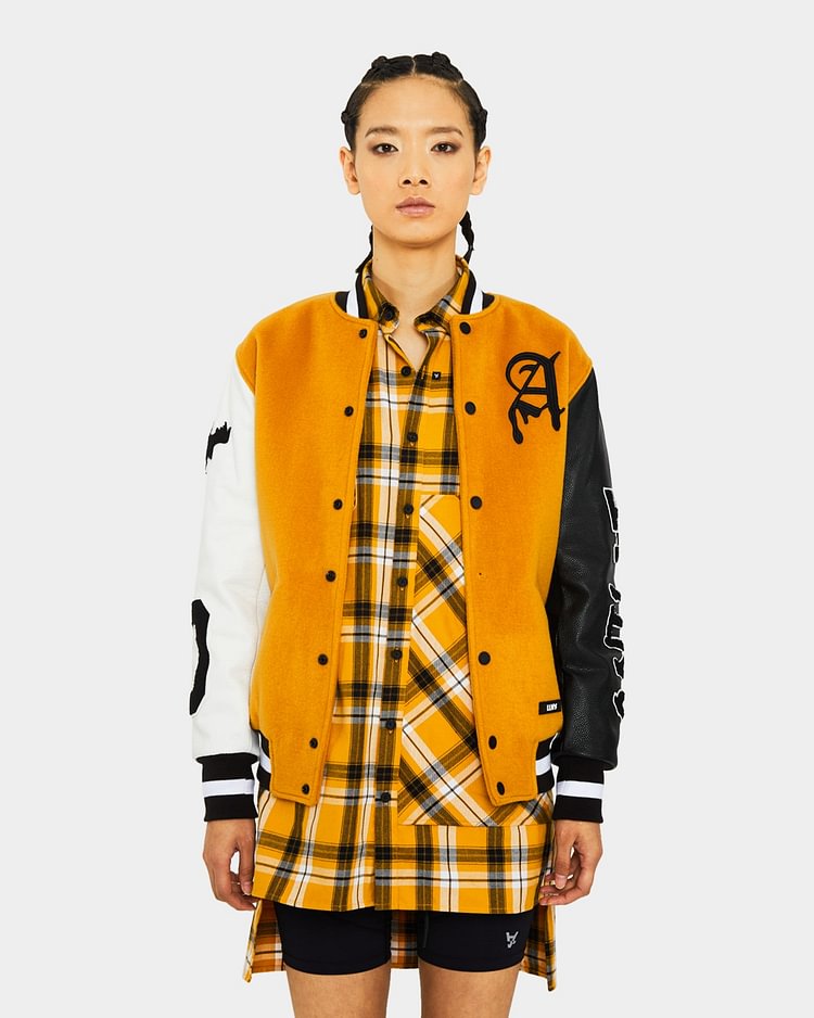 The Anti Order Corvus Leather Varsity Jacket Mustard/Black/White