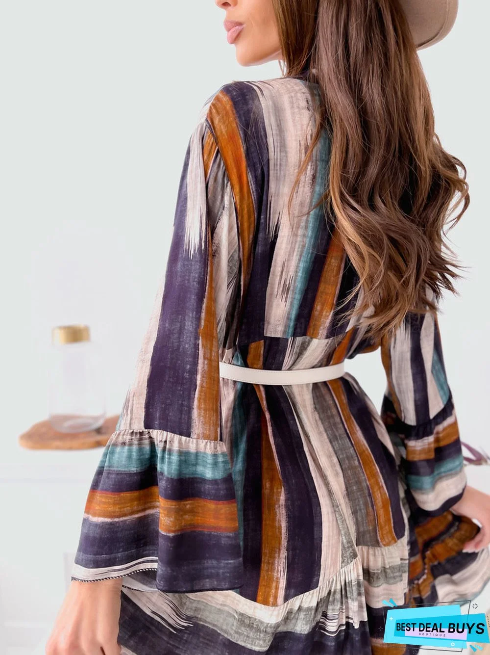 Fashion Tie Dyed V Neck Long Sleeve Dress