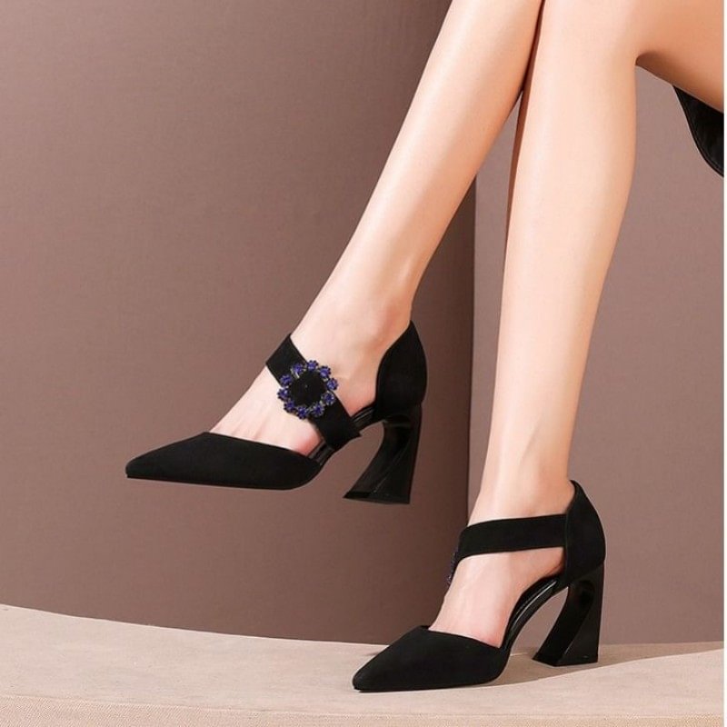 Chunky Heel Rhinestone Women's Shoes Pointed Toe Buckle Strap High Heels-PABIUYOU- Women's Fashion Leader