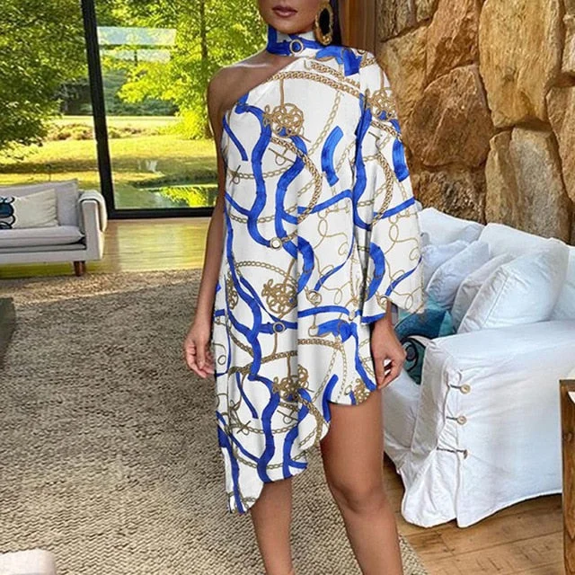 Vintage Women's Autumn Irregular Dress Sexy Halter One-shoulder Club Party Dress Elegant Long Sleeve Peacock Print Dress Vestido