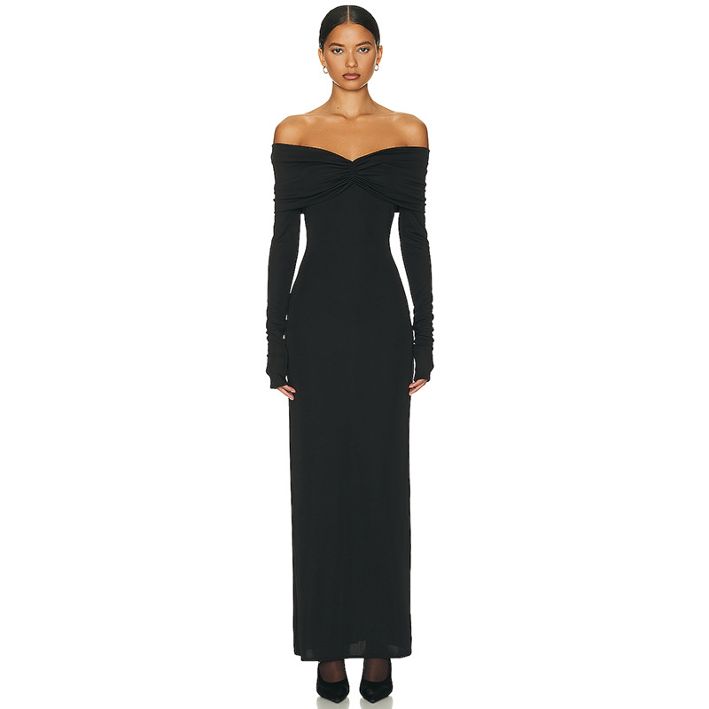 Ootddress White Pleated Slim Maxi Dress Elegant For Women Patchwork Off-Shoulder Fashion High Waist Dress Ladies Solid Party Dress