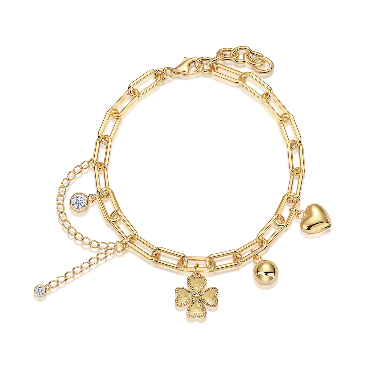  Moissanite Bracelet, S925 Silver, 18K Gold Plated, Clover & Heart Pendant, Elegant Hypoallergenic Christmas Gift