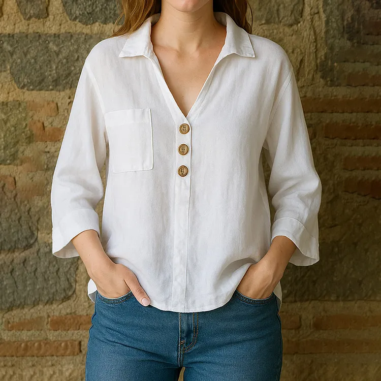 Women's Solid Color Cotton Linen Button-up Shirt