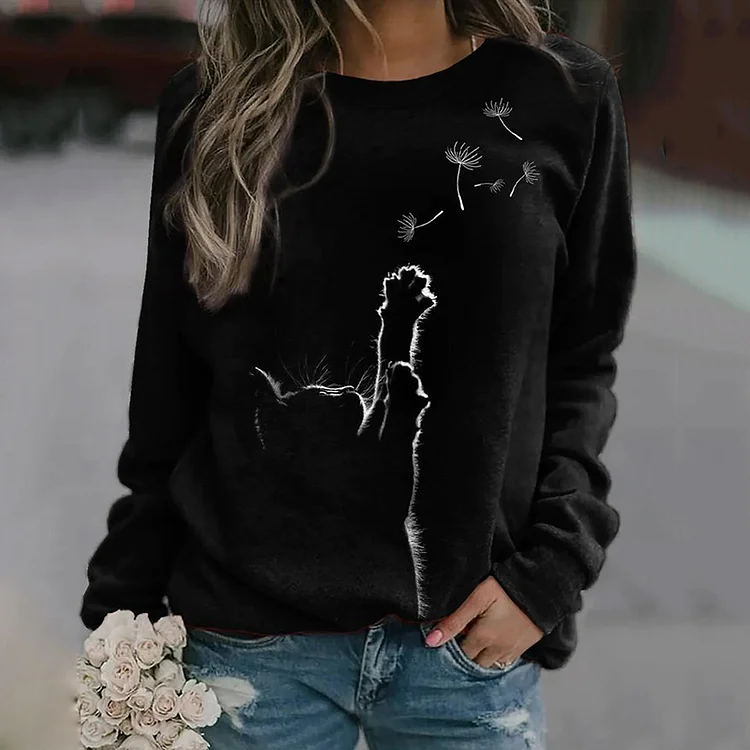 Vefave Cat Dandelion Print Long Sleeve Sweatshirt