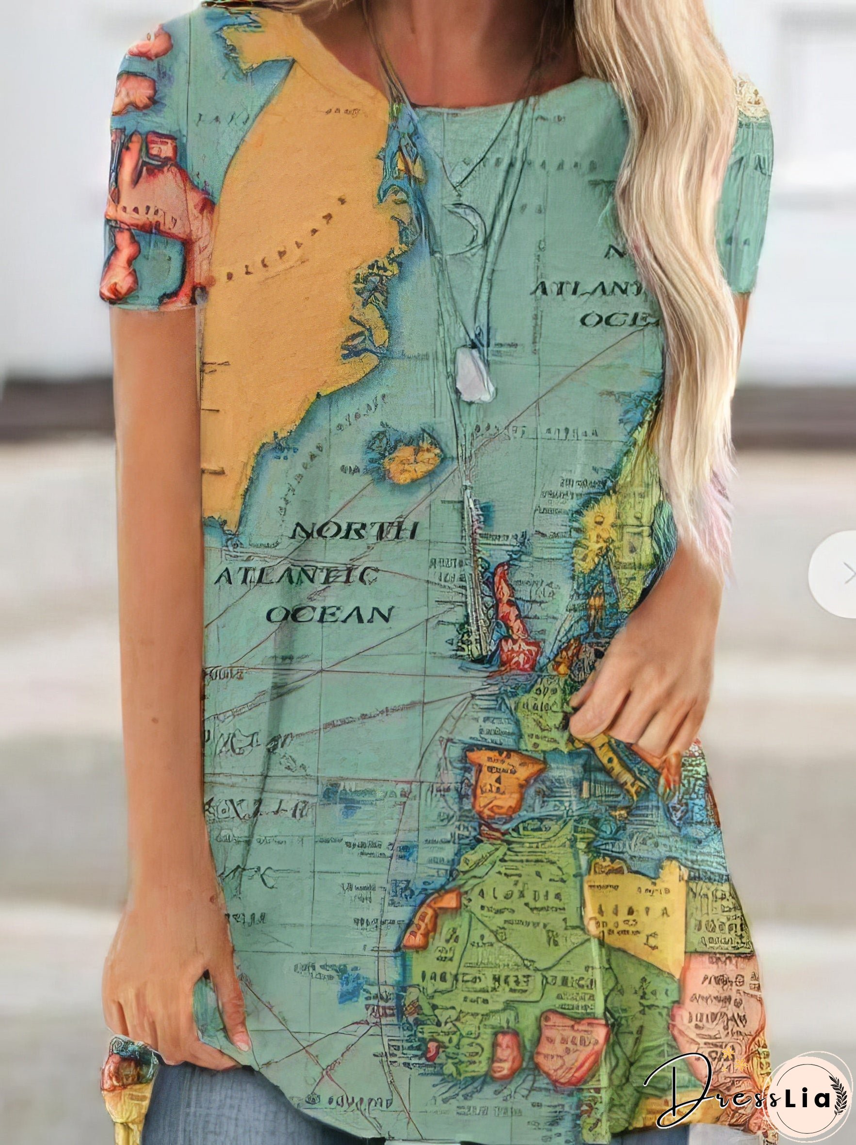 Loose Map Print Short-sleeved T-shirt