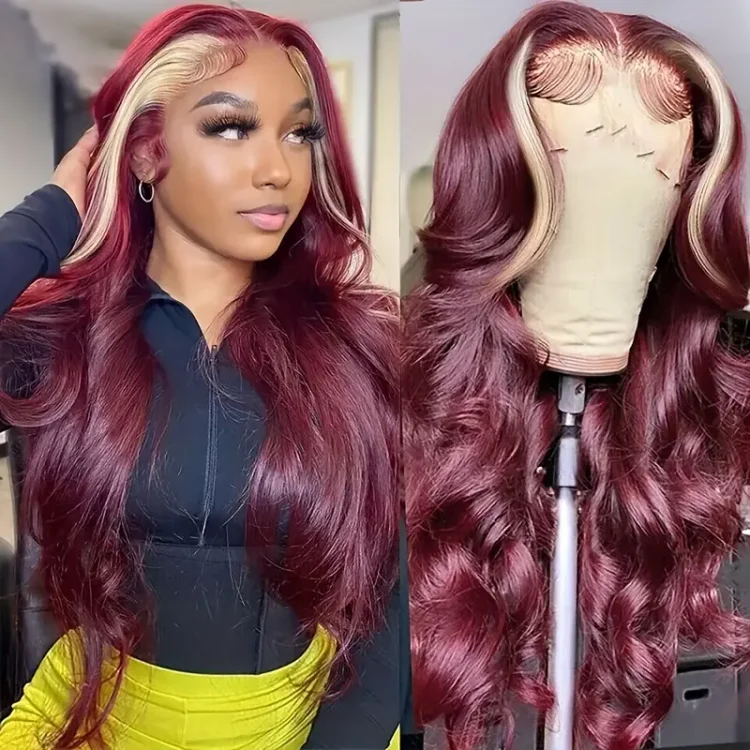 Only 31 In Stock - Body Wave 13x4 Lace Frontal Human Hair Wig Glueless Remy Human Hair Wigs For Women Girls 99j Burgundy With 613 Color