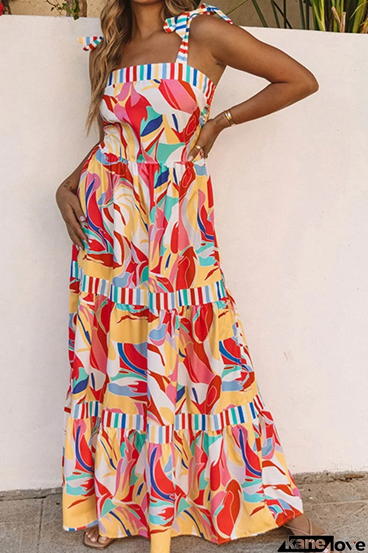 Printed Patchwork Tie-straps Tiered Dress