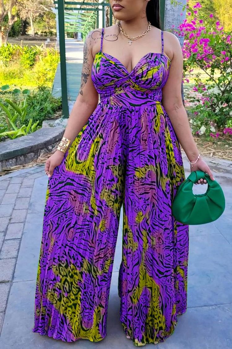 Plus Size Purple All Over Print Vacation Pleated Jumpsuits [Pre-Order]