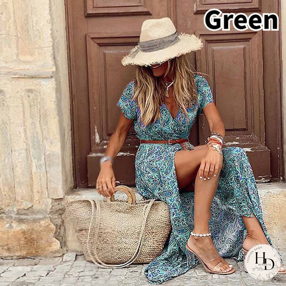 Summer Womens Fashion Retro Floral Elegant Dress Ladies Loose Casual Long One-_piece