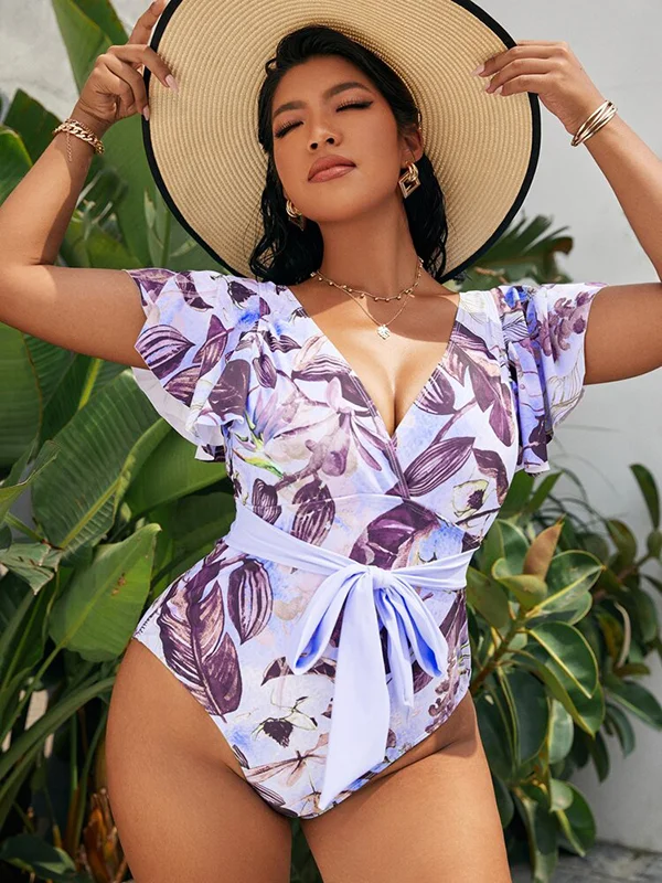 Plus Size Floral Printed Ruffled V-Neck One-Piece Swimwear