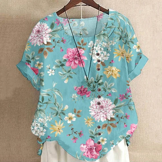 Women'S Elegant Rose  Floral Pattern Cotton And Linen Short Sleeve Top