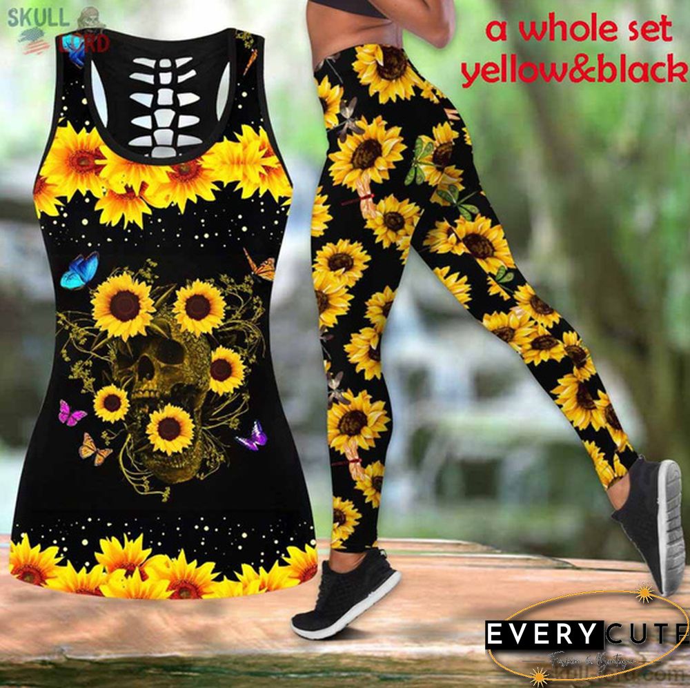 Womens Fashion Sunflowers Print Sports Tops Yoga Pants Leggings Fitness Clothes Tight High