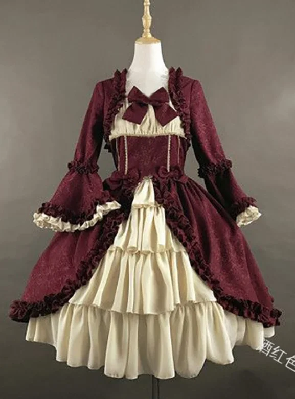 Uveng Uveng Retro Gothic Court Dress Side Collar Waist Thin Spliced Bow Design Ladies Dress Dress