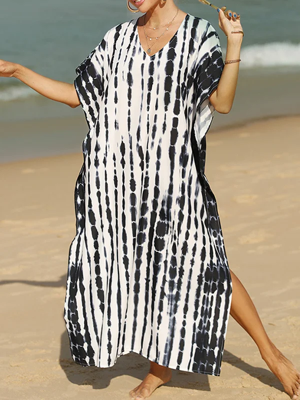Printed Split-Side Sun Protection Loose Short Sleeves V-Neck Maxi Dresses