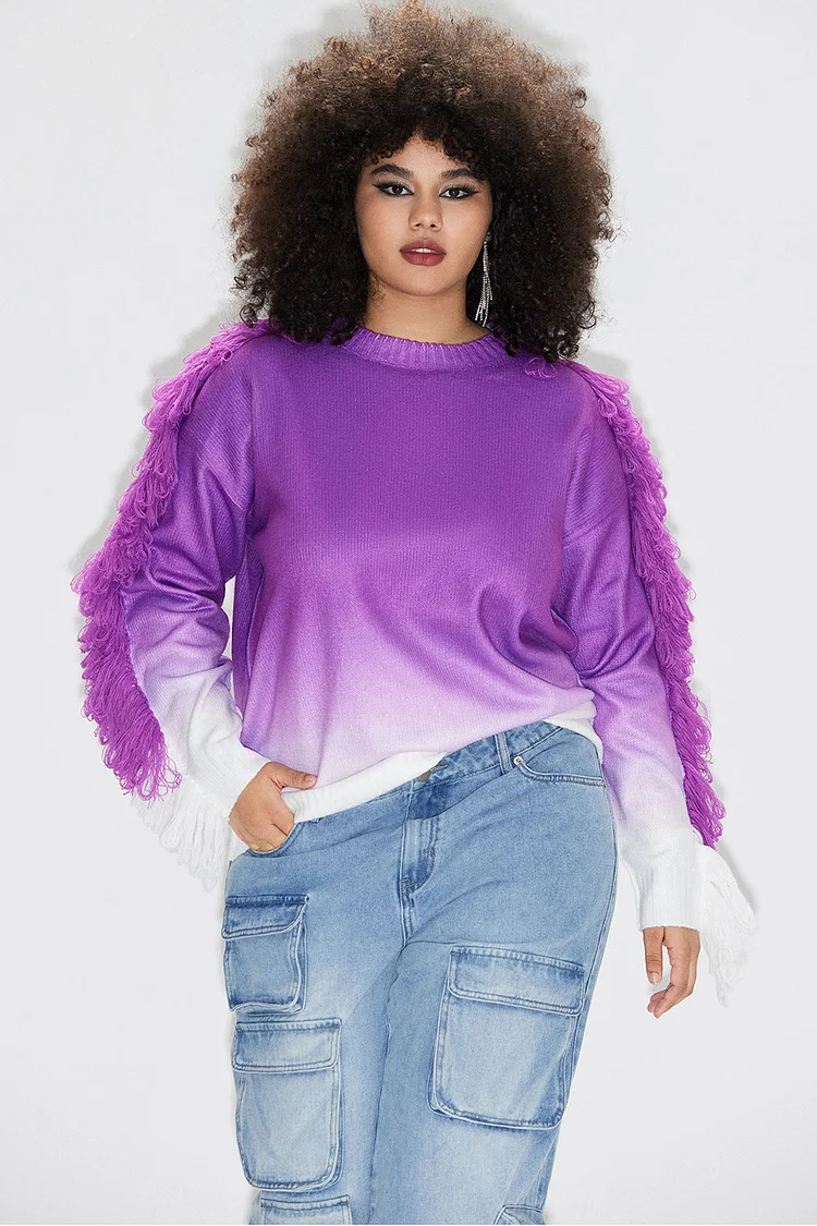 Plus Size Semi Formal Sweaters Casual Purple Gradient Fall Winter Crew Neck Long Sleeve Strappy Knitted Sweaters [Pre-Order]