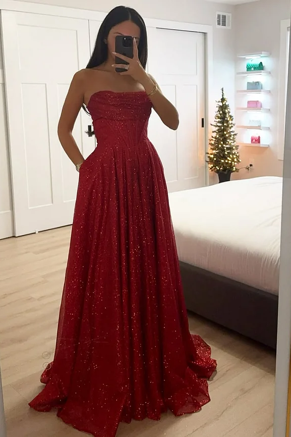 Daisda Red Sleeveless Strapless Square Sequins A-Line Prom Dress