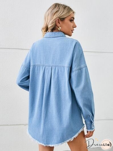 Distressed Raw Hem Dropped Shoulder Denim Jacket