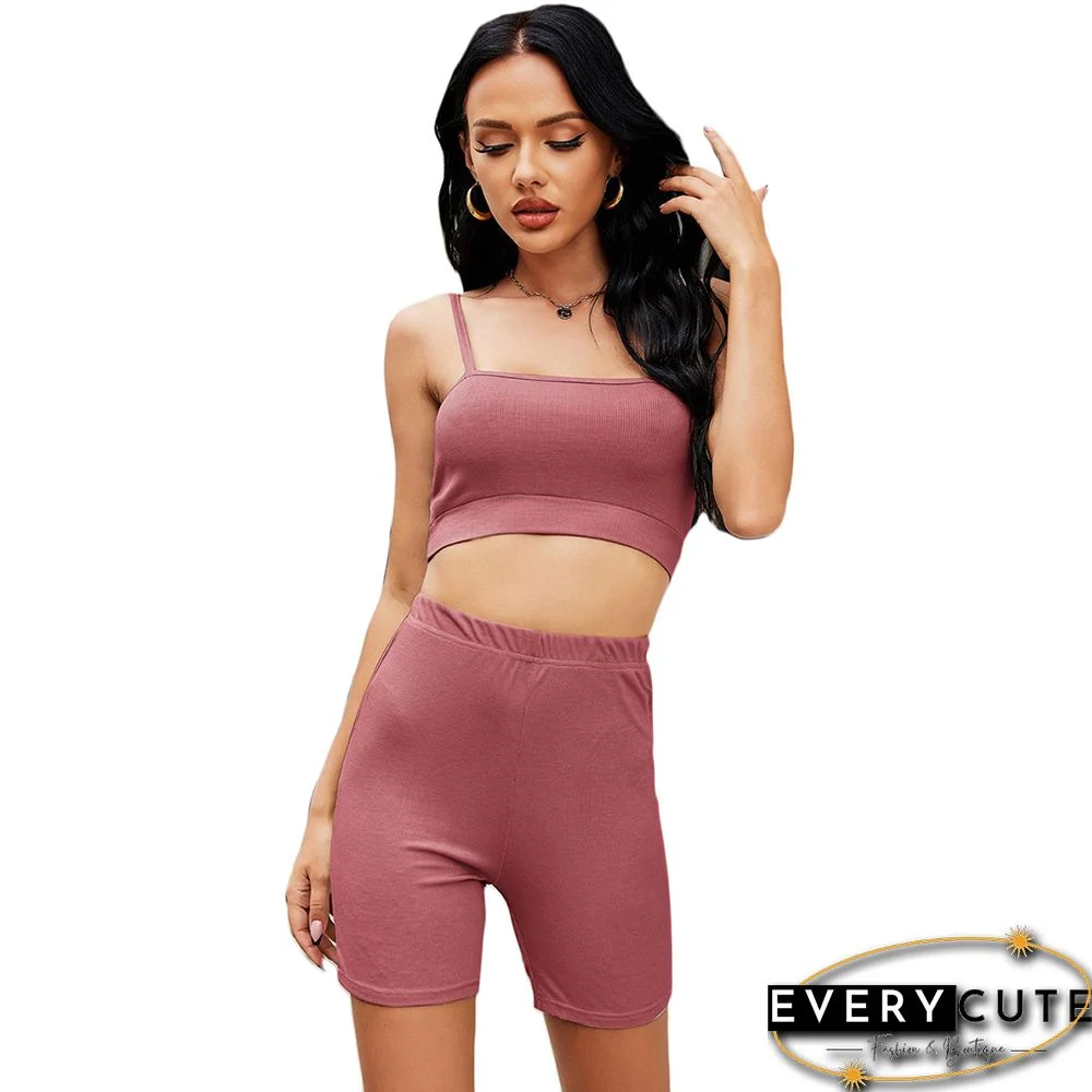 Rust Red Spaghetti Straps Crop with Shorts Loungewear