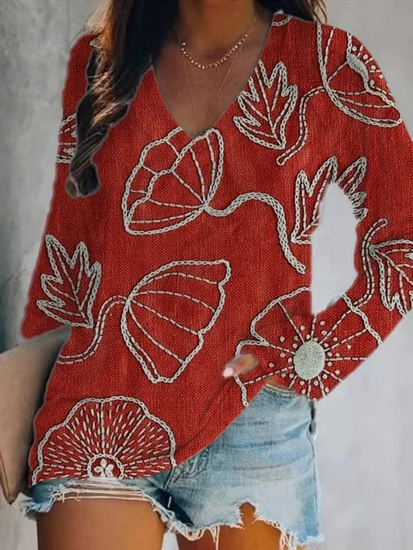 Women's Floral Graphic Print V-Neck T-Shirt