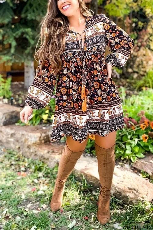 Floral Print Tassels Lace Up Long Sleeve Mini Dress