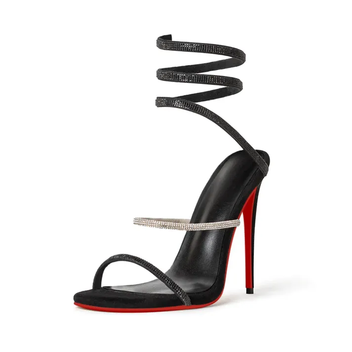 120mm Women's Spiral Strappy Red Bottom Sandals Rhinestone Heels Pull-on Sexy Stilettos-vocosishoes