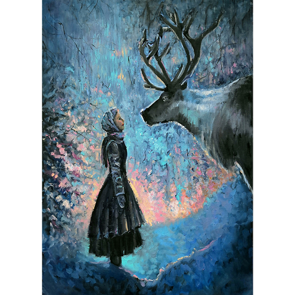 

30*40CM-Girl Deer Landscape-Round Drill Diamond Painting, 501 Original
