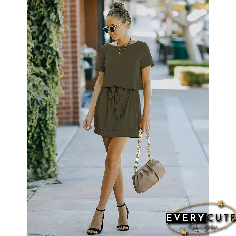 Army Green Solid Tie Waist Short Sleeve Mini Dress