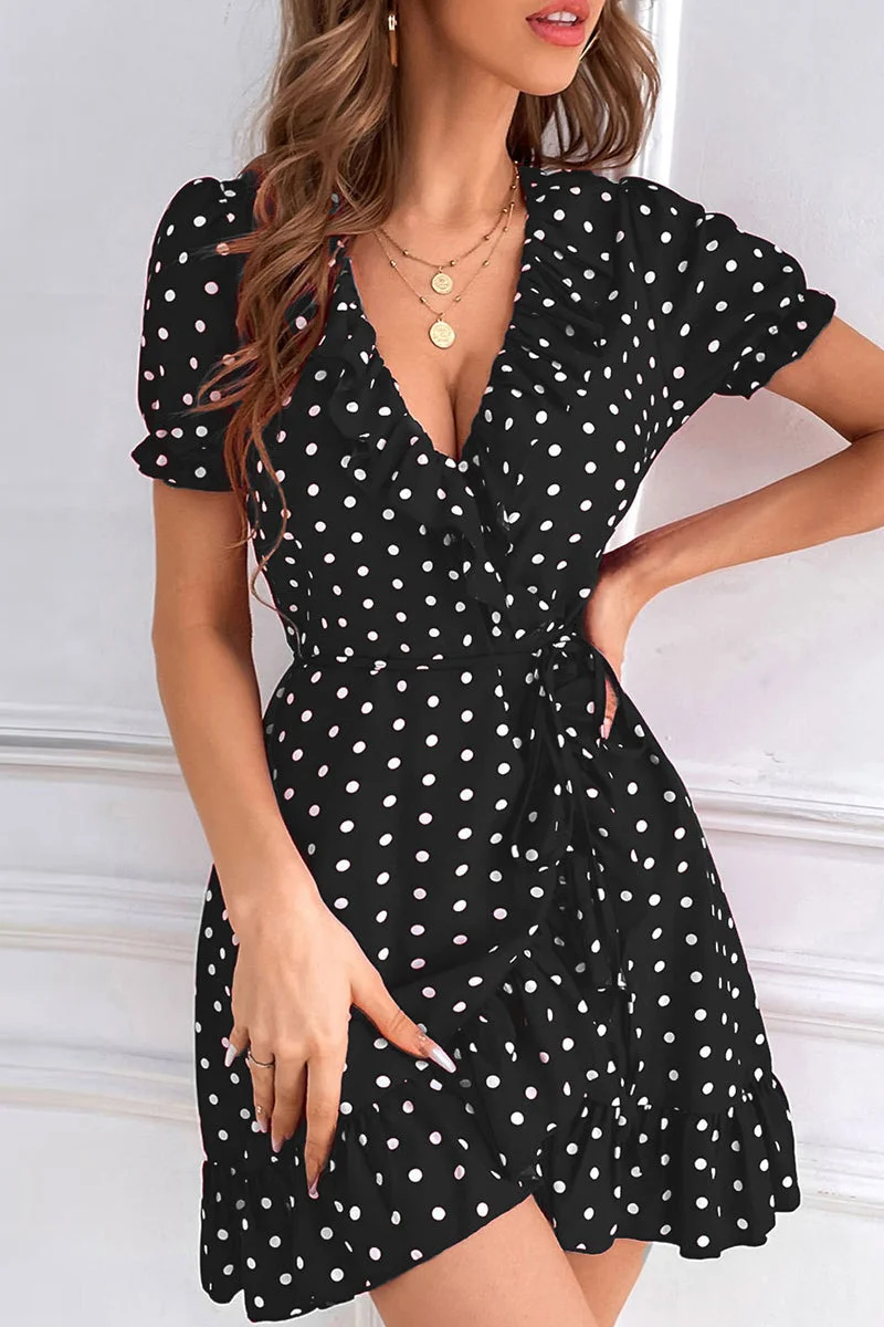 Casual Dot Print Bandage V Neck Short Sleeve Dress