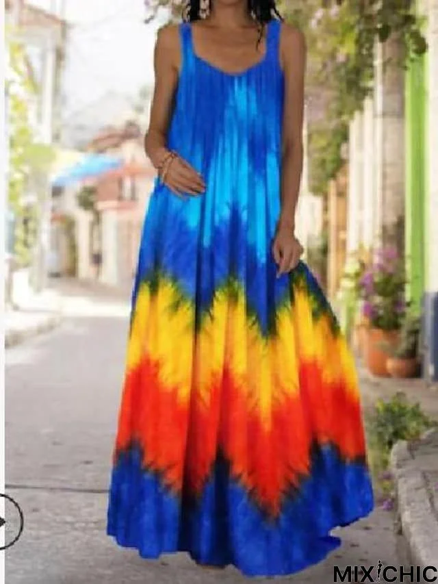 Summer New Style Tie-Dye 3D Printed Dress Bohemian Strapless Mopping Dress