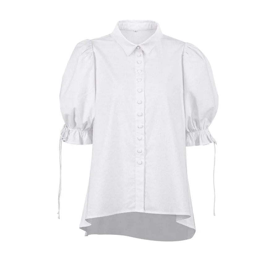OOTN Single Breasted Casual White Blouse Women Summer Top Ladies Puff Short Sleeve Shirt Lace Up Ruffled Elegant Blouse Cotton