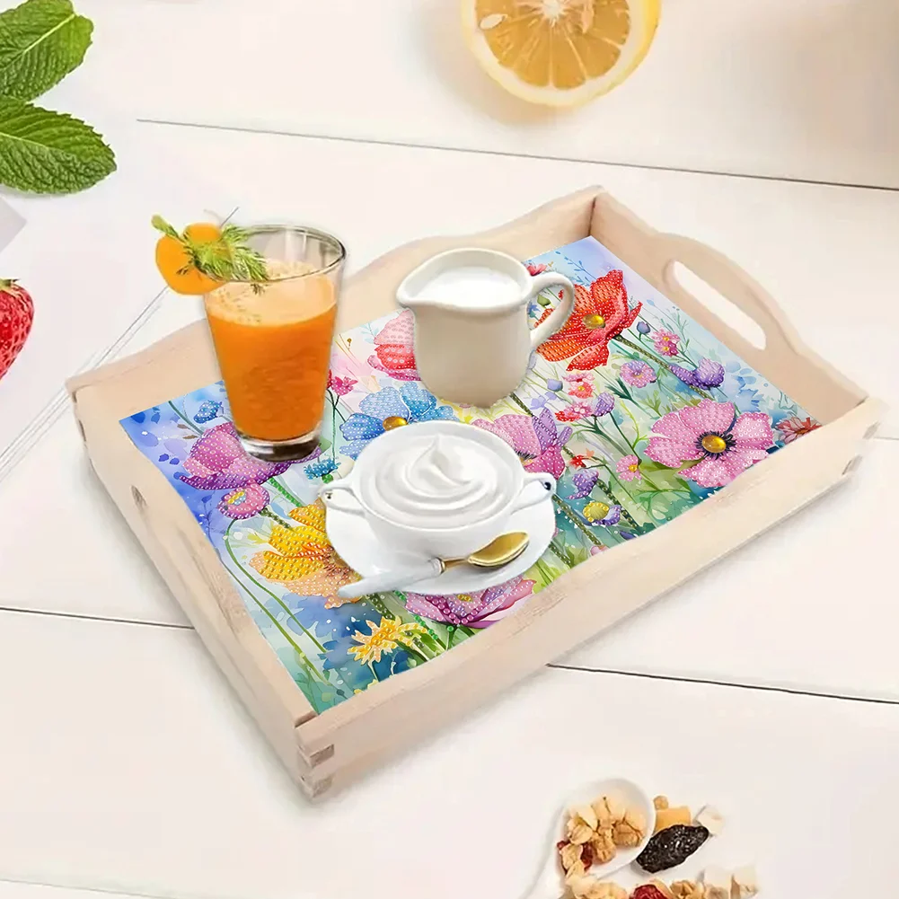 5D DIY Flower Diamond Painting Wooden Serving Tray with Handle for Desk