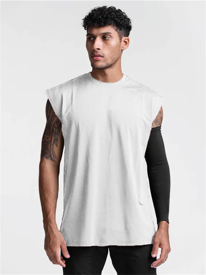 Summer Loose Quick Dry Solid Color Light Board Round Neck Wide Shoulder Undershirt Men's Shoulder Training Casual Sports Sleeveless T-shirt Kmmey