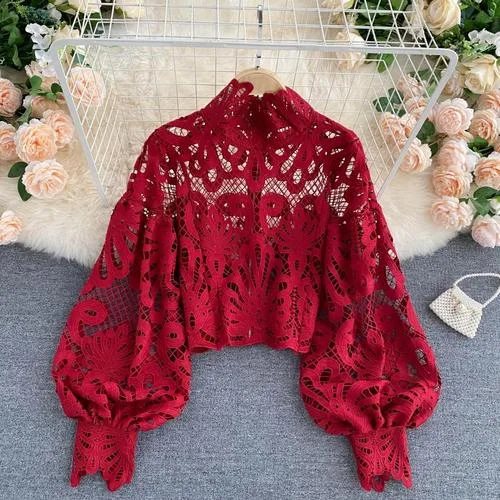 Casual Lantern Long Sleeve Stand Collar Elegant Blouse