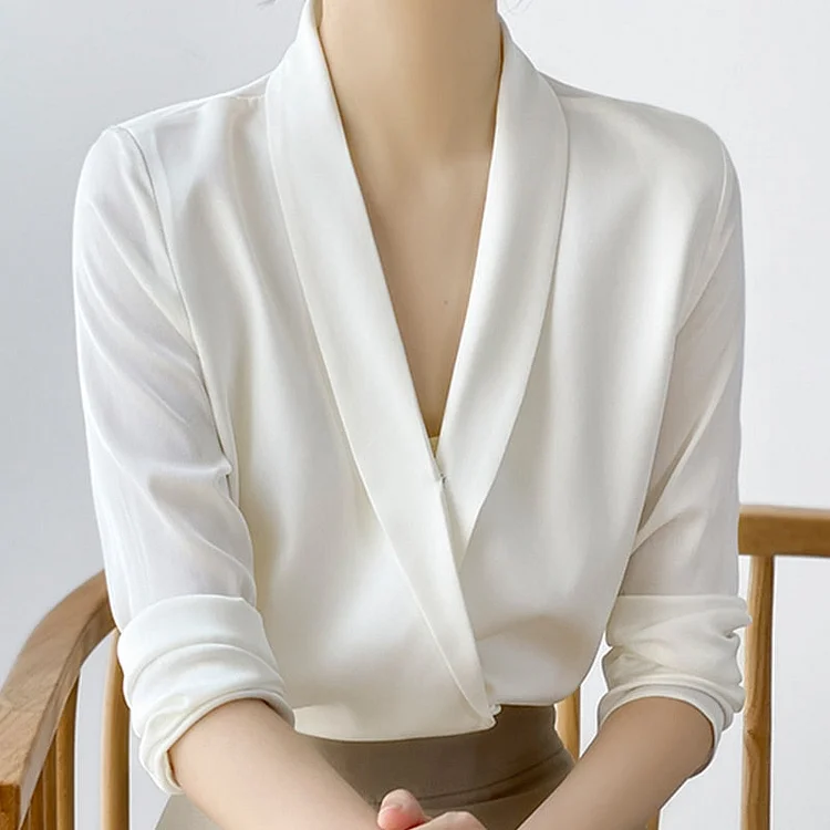 Office Lady Long Sleeve White Blouse Tops New Autumn Fashion Silk Women Shirts V-Neck Chiffon Satin Blouse Blusas Mujer 17798