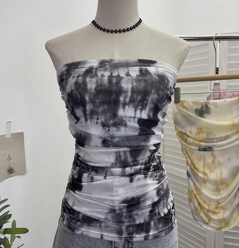 Uveng Thai-Style Splash Ink Dye Mesh Wrap Chest Vest Irregular Stacked Folded Sleeveless Top 9950