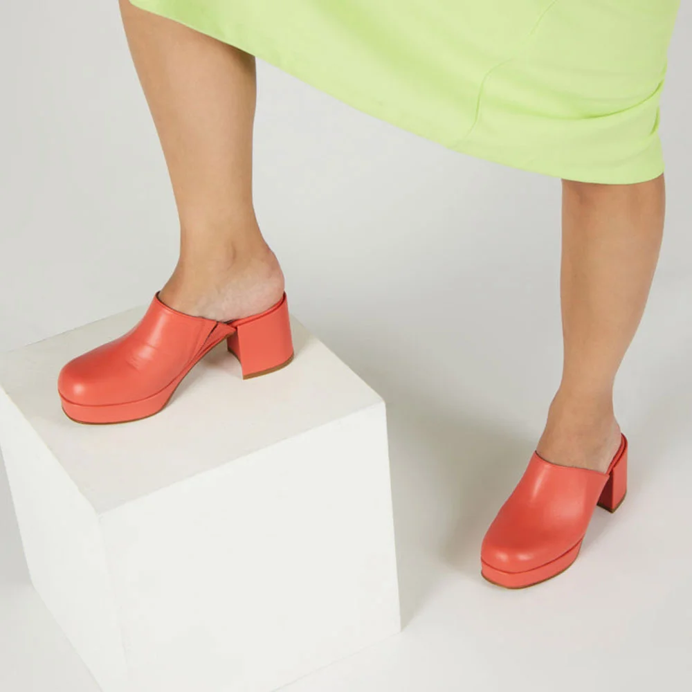 Women's Round Toe Chunky Heel Slip On Mules Shoes in Salmon
