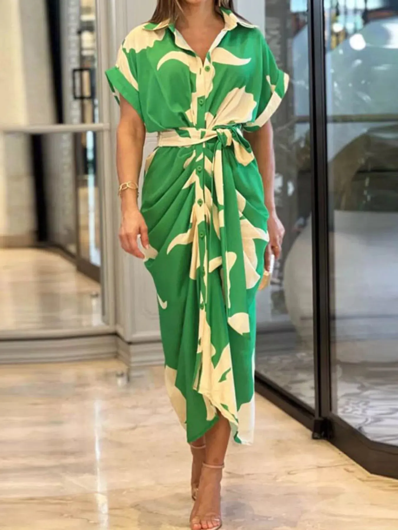 Tie Waist Short Sleeve Shirt Dress mysite idetrend