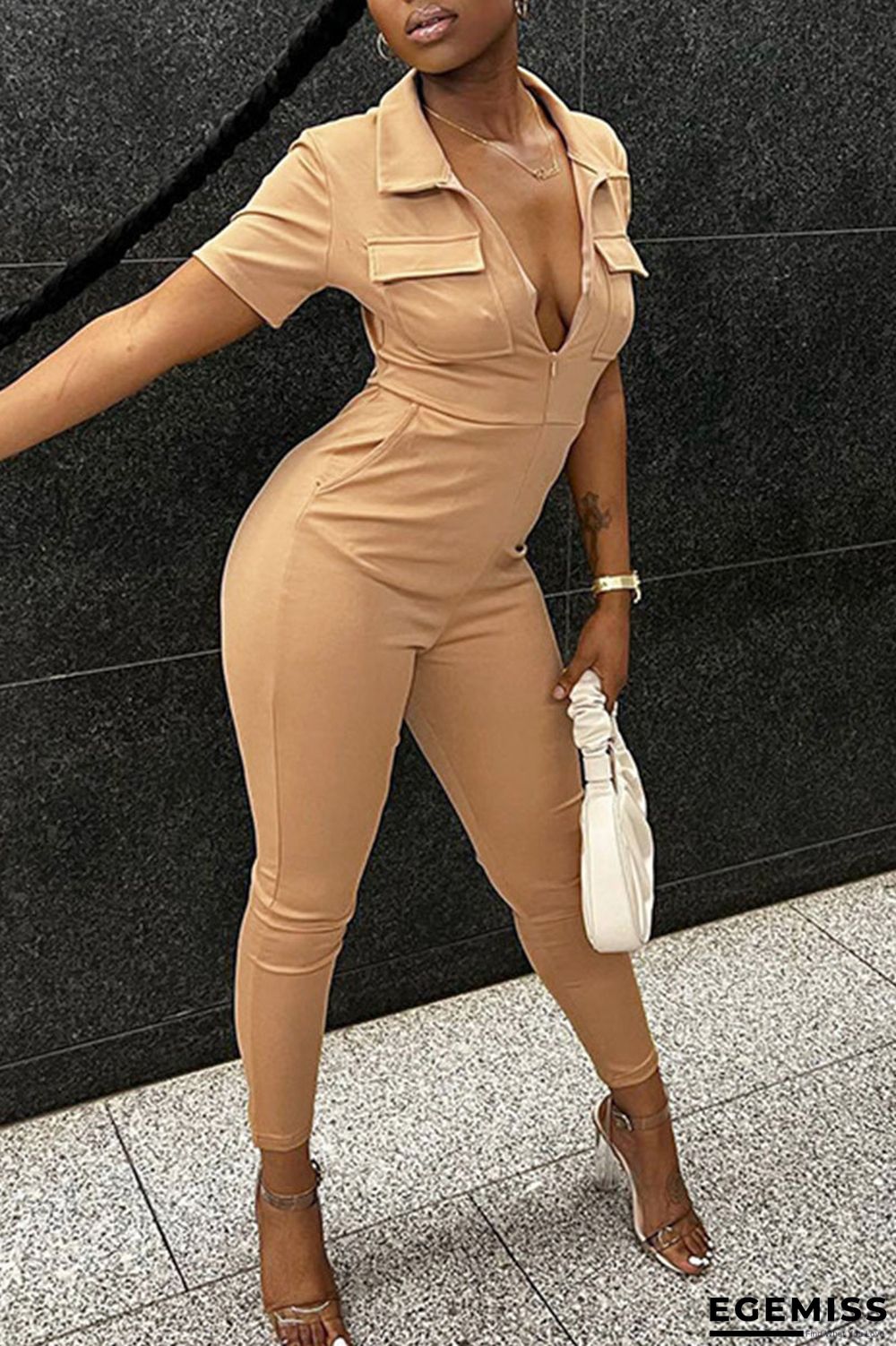 Khaki Casual Solid Patchwork Zipper Turndown Collar Regular Jumpsuits | EGEMISS