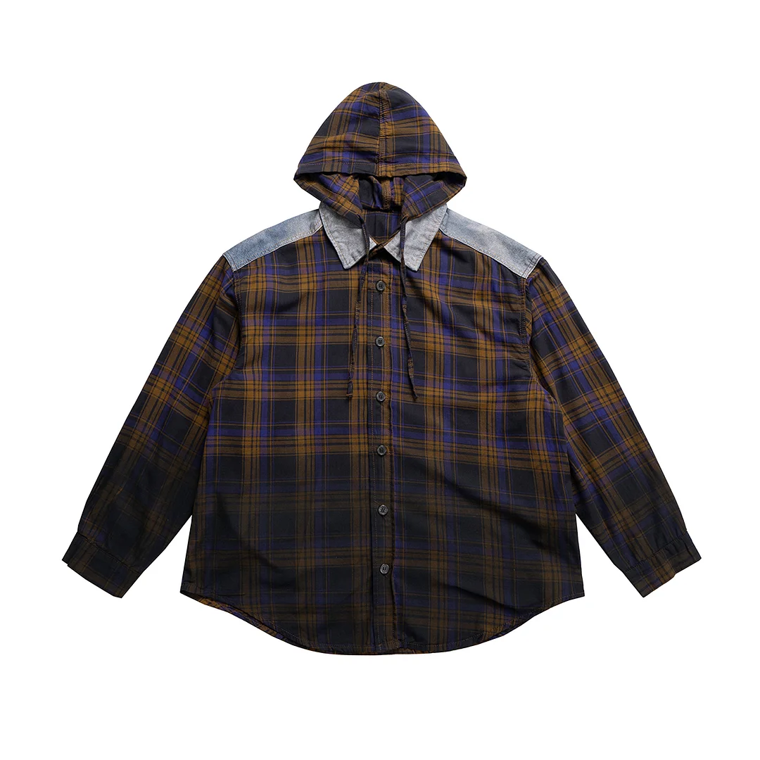 Abebey-Harajuku Contrast Color Gradient Color Plaid Hooded Shirt for Men Streetwear Single Breasted Long Sleeve Shirts Oversized