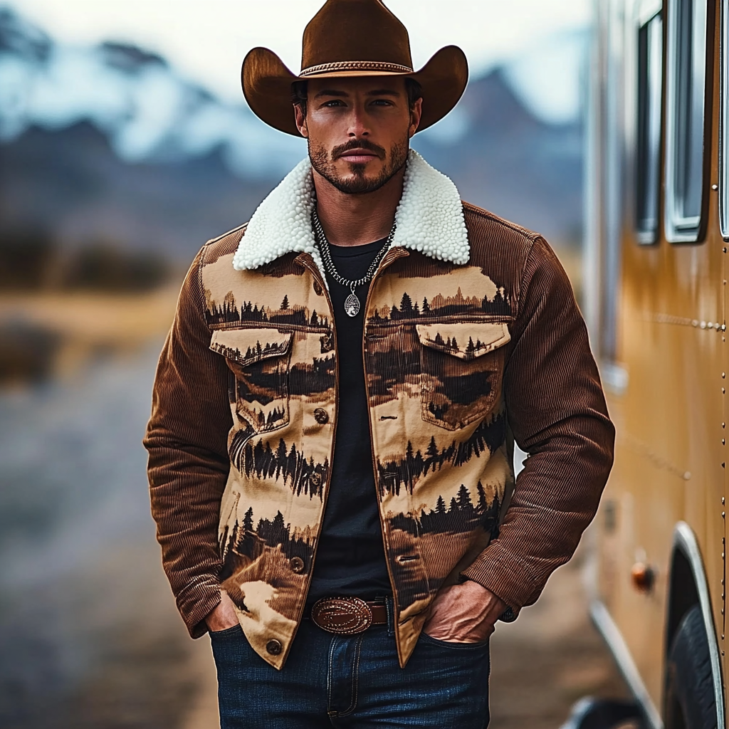 Men's Vintage Western Cowboy Printed Sherpa Jacket-inspireuse