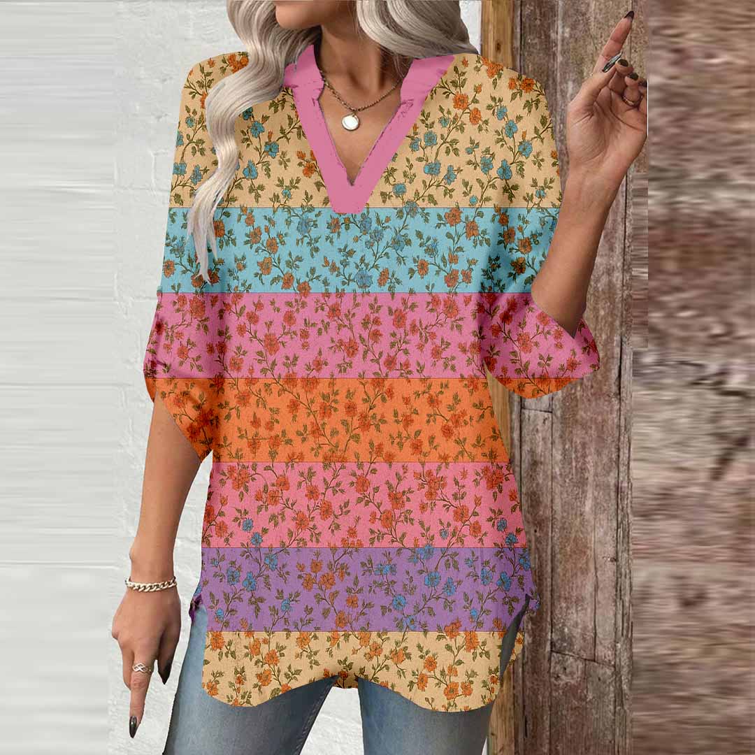 Women Floral, Pink, Khaki DZGA0349 3/4 Sleeve V-neck Printed Graphic Button Tops