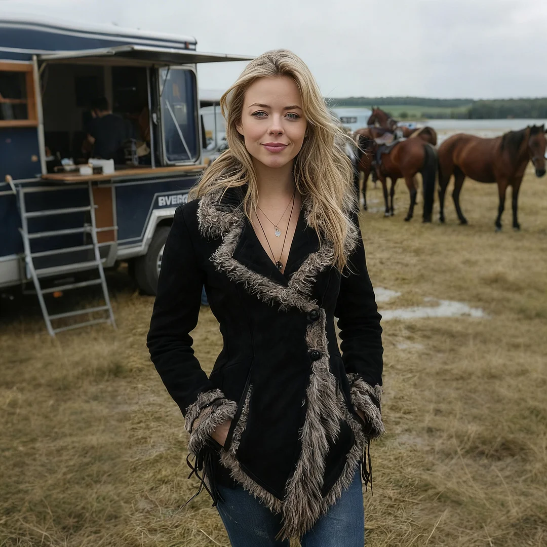 Women's Vintage Suede Coat Fur Collar Lapel Coat Beggar Style Coat