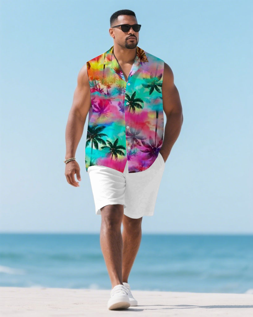 Hawaiian Men's Plus Size-Rainbow Coconut Tree Vacation Print Tucked Shirt Shorts Suit