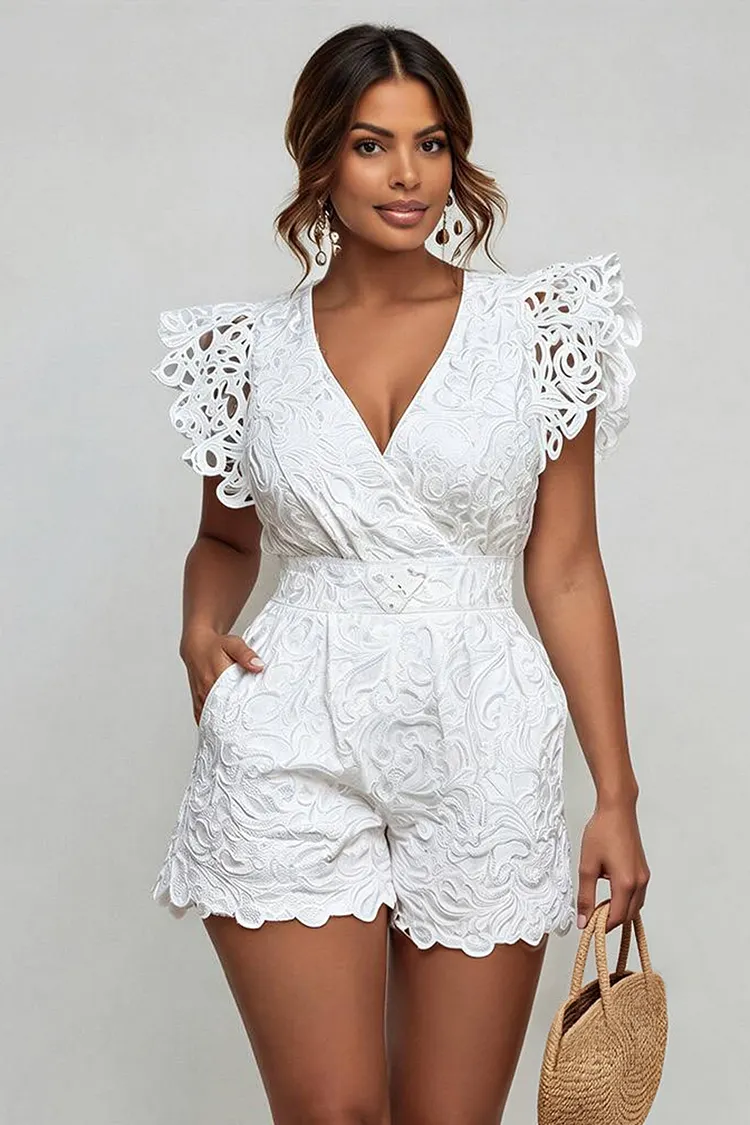Xpluswear Design Plus Size Vacation White Wrap Neck Short Sleeve Pocket Rompers [Pre-Order] 2024 - Xpluswear