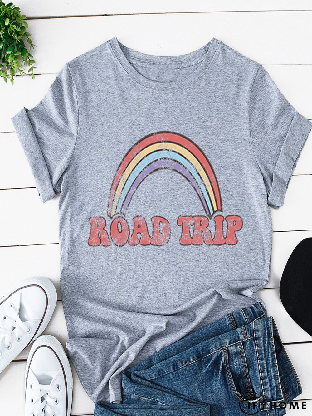 Vintage Short Sleeve Rainbow Letter Printed Plus Size Casual Tops | IFYHOME