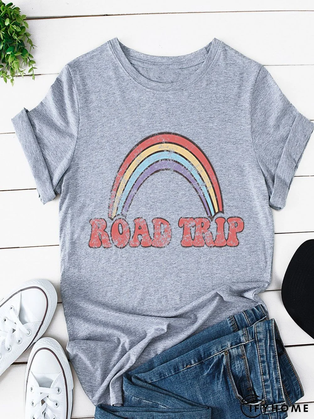 Vintage Short Sleeve Rainbow Letter Printed Plus Size Casual Tops | IFYHOME